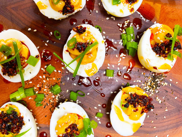 Miso Deviled Eggs with Kelp Chili Crisp
